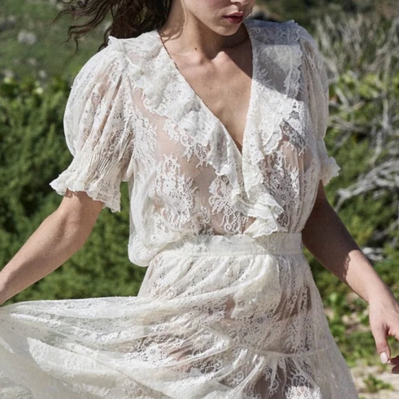 Doen Henri Lace Sheer Top Blouse - Sea Salt Ivory Cream Bohemian Vacation Causal - Picture 1 of 13